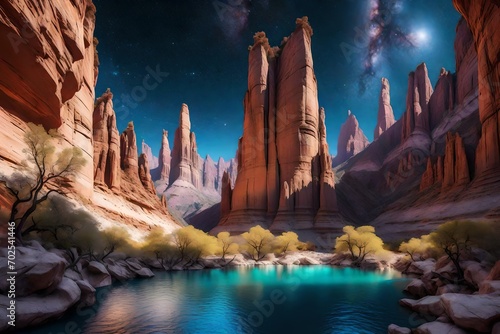 A surreal canyon landscape with towering rock formations, a winding river, and a cosmic sky captured in 8K ultra HD resolution with post-processing magic
