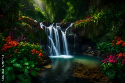 A magical waterfall surrounded by lush greenery and colorful flowers  captured in full ultra HD resolution with cinematic photography