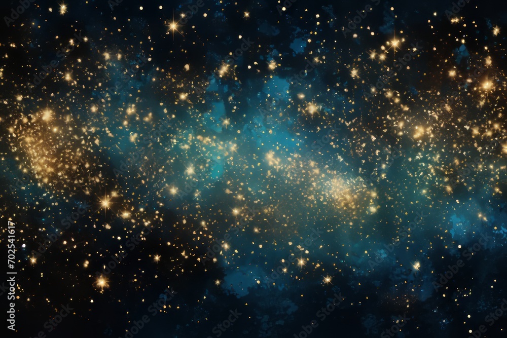 Fototapeta premium abstract blue and gold background with particles. golden dust light sparkle and star shape on dark endless space wallpaper. Christmas, new year's eve, cosmos theme. Shiny fantasy galaxy concept