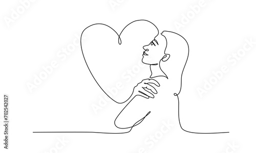 Continuous line art of a woman smiling and hugging self in self-love concept.