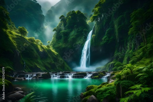 A majestic waterfall cascading down a lush green mountainside, surrounded by mist and vibrant foliage. photo
