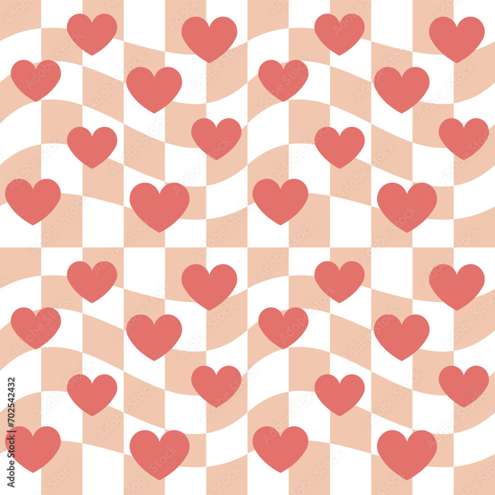 Vector seamless pattern of pink hearts on groovy retro chessboard background Vector seamless pattern of pink hearts on groovy retro chessboard background