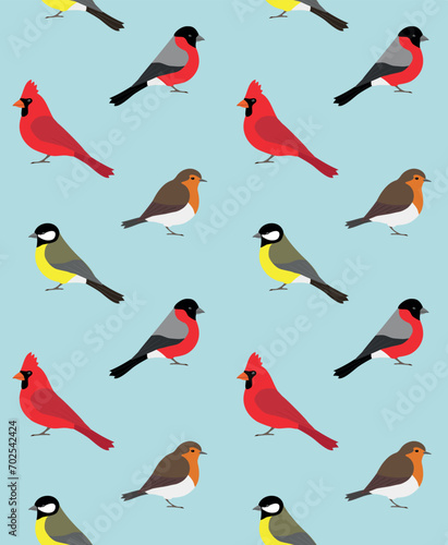 Vector seamless pattern of flat small birds isolated on blue background