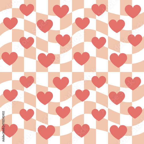 Vector seamless pattern of pink hearts on groovy retro chessboard background