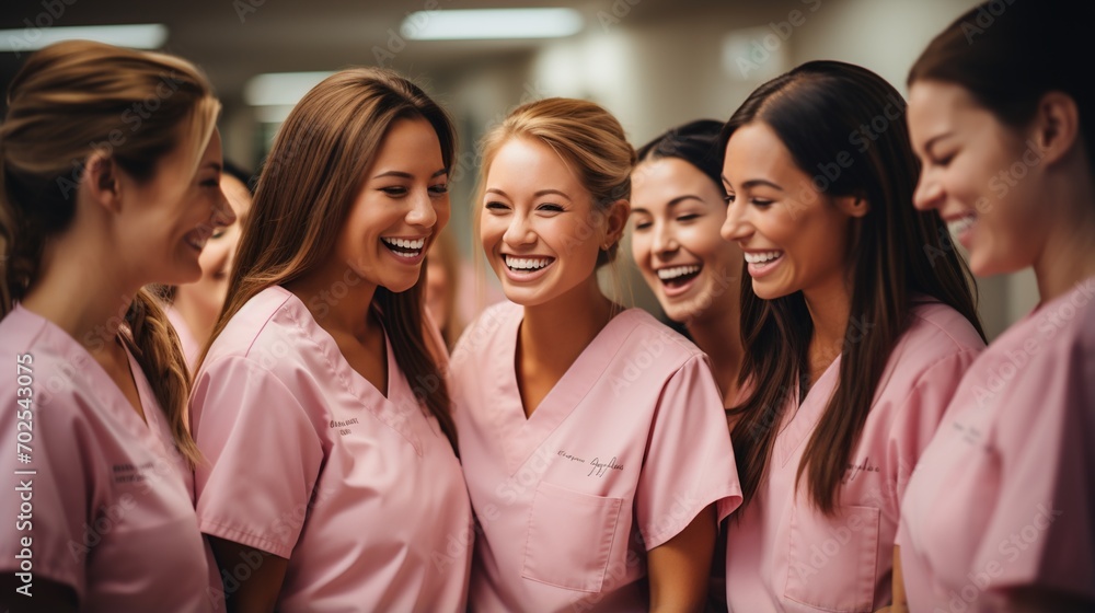 Happy female nurses in pink uniforms Happy female nurses in pink uniforms