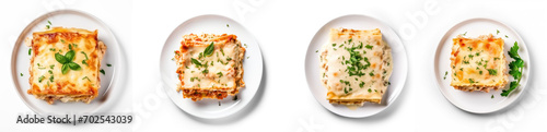 Collection of Plate of Chicken Lasagna top view on isolate transparency background, PNG