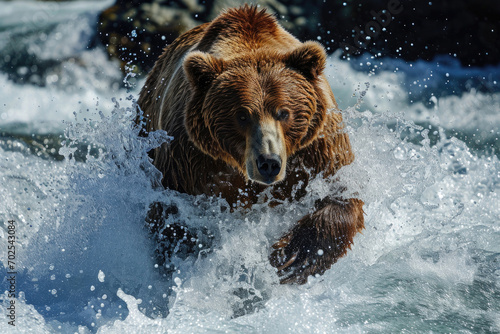 A grizzly bear in mid-pounce while hunting for salmon at a rushing river