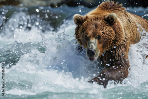 A grizzly bear in mid-pounce while hunting for salmon at a rushing river