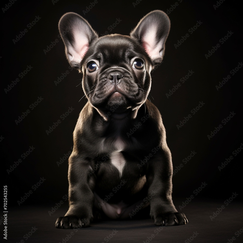 small puppy dog french bulldog in a dark room