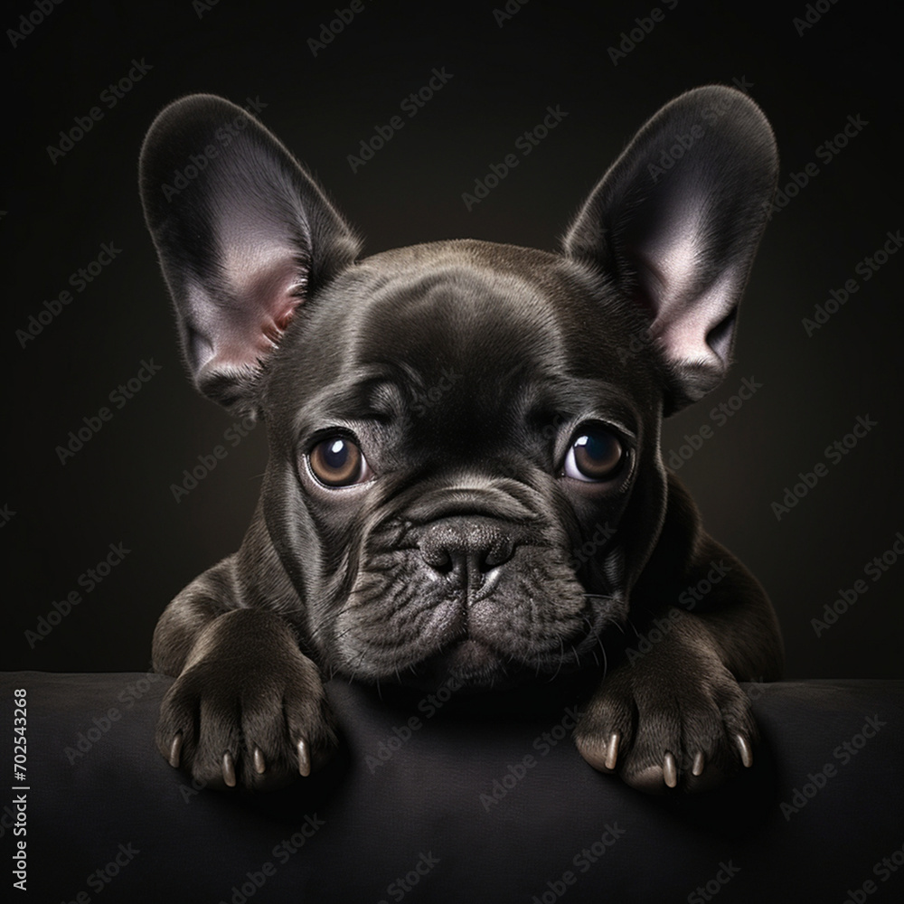 small puppy dog french bulldog in a dark room