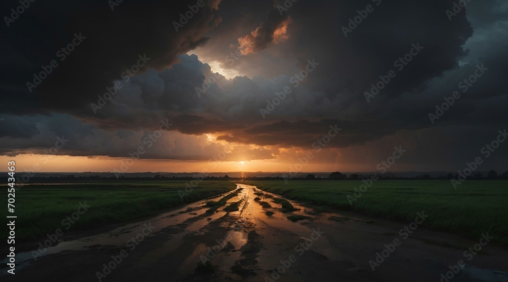Desolate dirt road below an ominous cloudy sky at sunset Desolate dirt road below an ominous cloudy sky at sunset