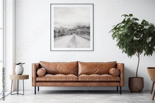 Leather couch in a modern living room with a framed black and white photo of a road in the mountains above it photo