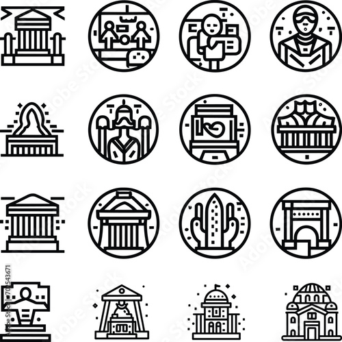 Black and white Simple Set of Museum Related Vector Line Icons. Contains such Icons as Tourist Group, Sculpture, Art Gallery and more