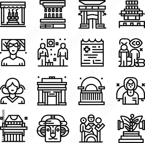 Black and white Simple Set of Museum Related Vector Line Icons. Contains such Icons as Tourist Group, Sculpture, Art Gallery and more