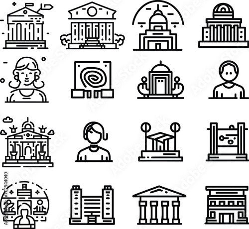 Black and white Simple Set of Museum Related Vector Line Icons. Contains such Icons as Tourist Group, Sculpture, Art Gallery and more