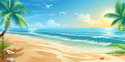 Schöne grafische Zeichnung mit Sonne Strand und Meer in fantastischen hellen Farben Querformt für Banner, ai generativ