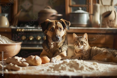 dog and cat together In a rustic kitchen © linen