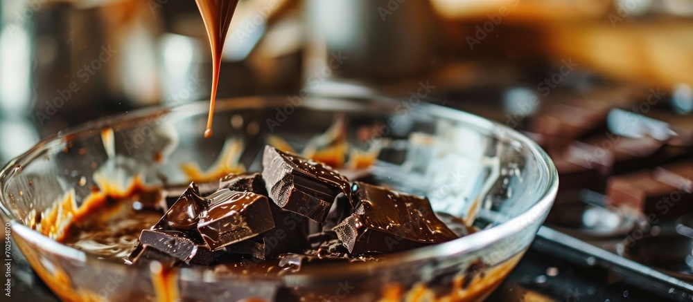 Preparing caramel fudge by melting chocolate and other ingredients in a glass bowl over boiling water. Preparing caramel fudge by melting chocolate and other ingredients in a glass bowl over boiling water.