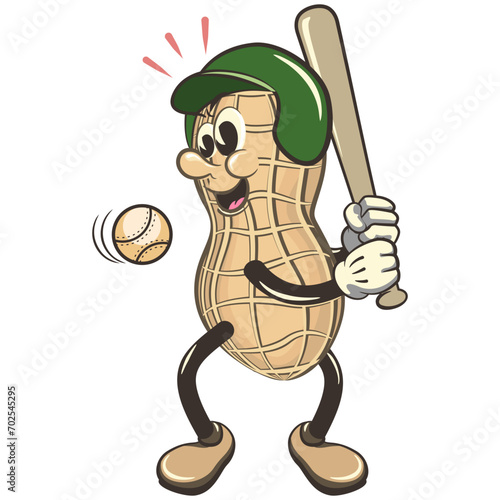 vector vintage illustration of cute peanut character mascot playing baseball as a hitter and ready to hit the ball