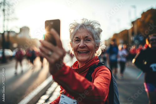 senior woman taking selfie while running in Marathon