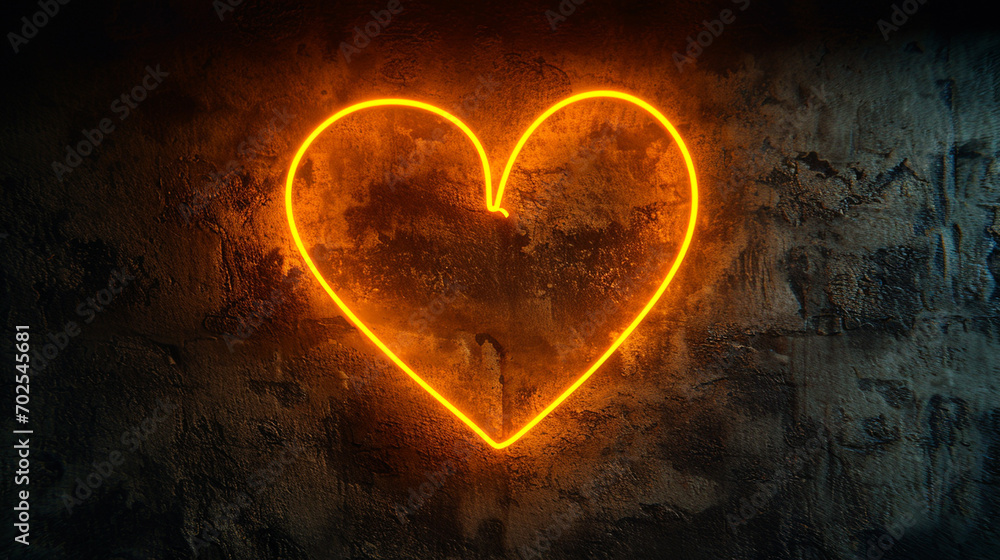 A heart in vibrant orange and yellow neon light against a black background, symbolizing technology and rendered in a three-dimensional style.