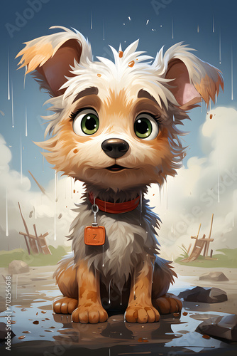 Cute cartoon dog in the rain in a park. Cover style illustration for story.