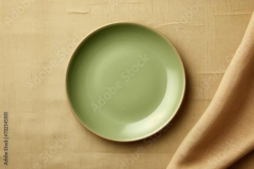 Empty beige plate with green napkin. Beige linen background. Top view, flat lay, copy space.: