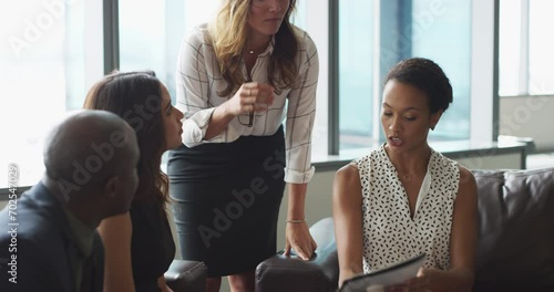 Portfolio, corporate people conversation and team leader review legal contract, policy agreement or law firm paperwork. Group planning, teamwork and lawyer working on research plan, strategy or info photo
