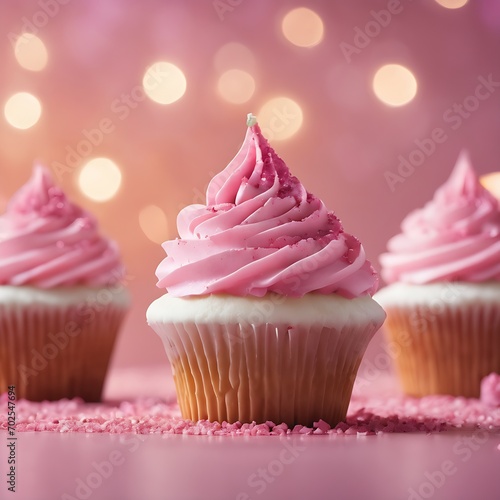 Vanilla cupcake with pink frosting and sprinkles on top, blurry lights background with copy space Banner with Christmas pink cupcake with pink whipped cream or cream, golden sprinkles 