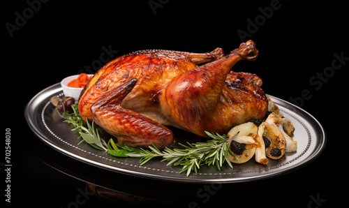 Whole roasted chicken with and oranges on wooden cutting board Appetizing grilled juicy chicken with golden brown crust served with lemon and rosemary.