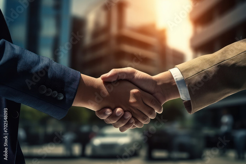 Corporate handshake symbolizing trust and partnership. Successful deal between businessmen in an office. AI Generative.