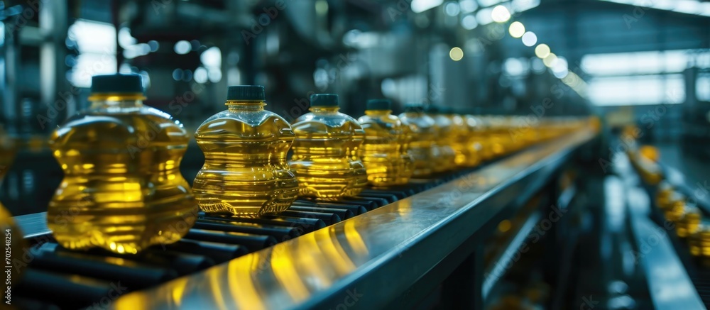 Naklejka premium Industrial vegetable oil production and filled bottles being transported on conveyor.