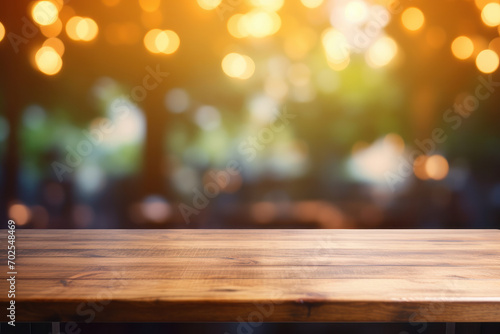 A wooden table with a blurry background, ideal for cafes and food-related businesses. This description is AI Generative. photo
