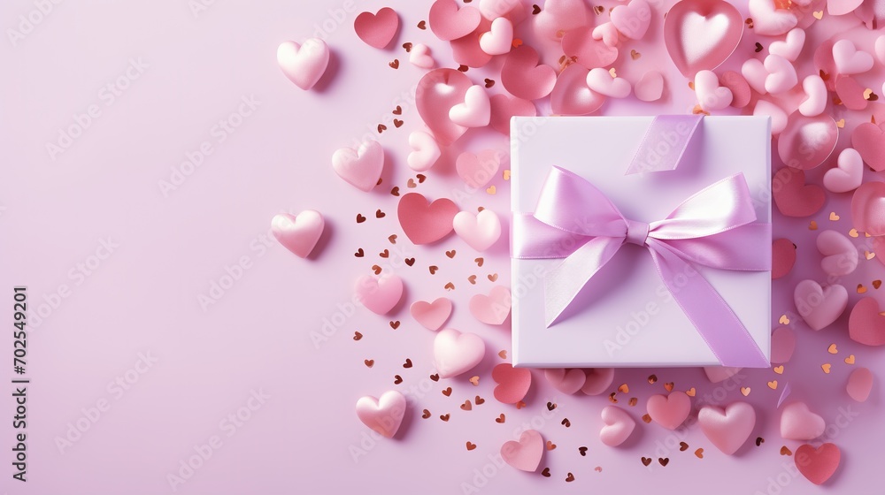 Valentine's day background with gift box and hearts on pink background