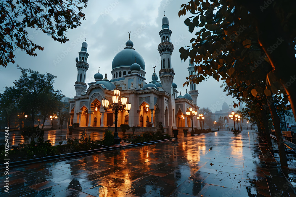 Beautiful mosque with an atmosphere after the rain, in the afternoon