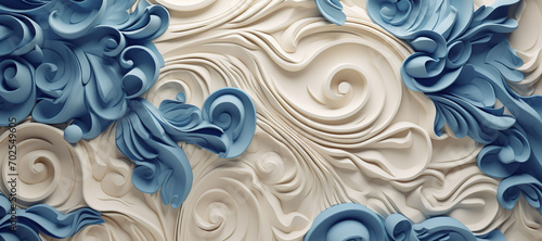 wave floral pattern motif, blue white 9