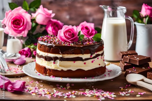 Delicious assortment of cakes, including vanilla, chocolate, and ones with confetti and milks in a vase with pink roses on the kitchen counter