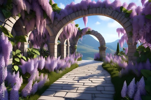 Fantasy landscape of a fairy garden with a stone arch and lilacs., lilac bushes, stone arch, portal, entrance, unreal world photo