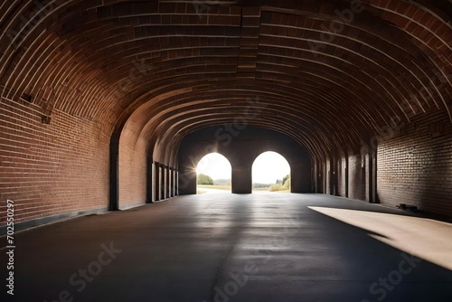 Front view of interior of an empty vehicular tunnel with a curve in background  brick walls  concrete roof and openings where sunlight enters
