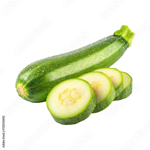 A Fresh Green Zucchini With Water Drop With Sliced Zucchini With Isolated Background