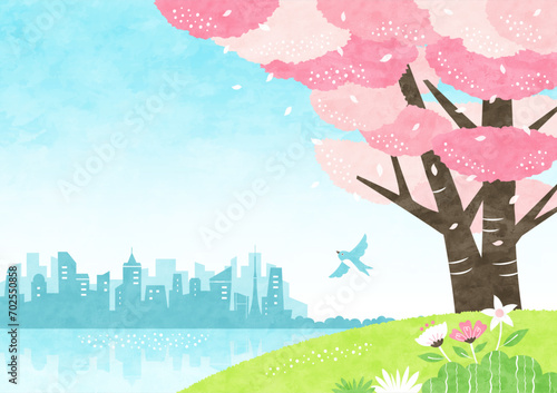 桜と海沿いの街の春の風景 都市と自然が共生する水彩背景イラスト