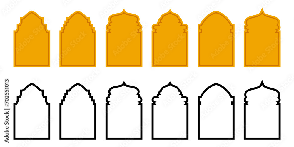 Set of islamic style illustrations of silhouettes and lines. Stylish design of doors, windows, domes, mosques, lanterns, vector for islamic holidays. Set of islamic style illustrations of silhouettes and lines. Stylish design of doors, windows, domes, mosques, lanterns, vector for islamic holidays.