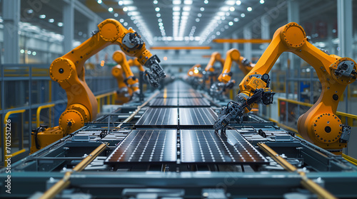 Large Production Line with Industrial Robot Arms at Modern Bright Factory, Solar Panels are being Assembled on Conveyor, Automated Manufacturing Facility, Ai generated.