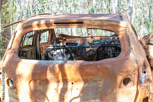 Photograph of a small car that has been abandoned on a dirt road in a large forest and then set on fire and destroyed