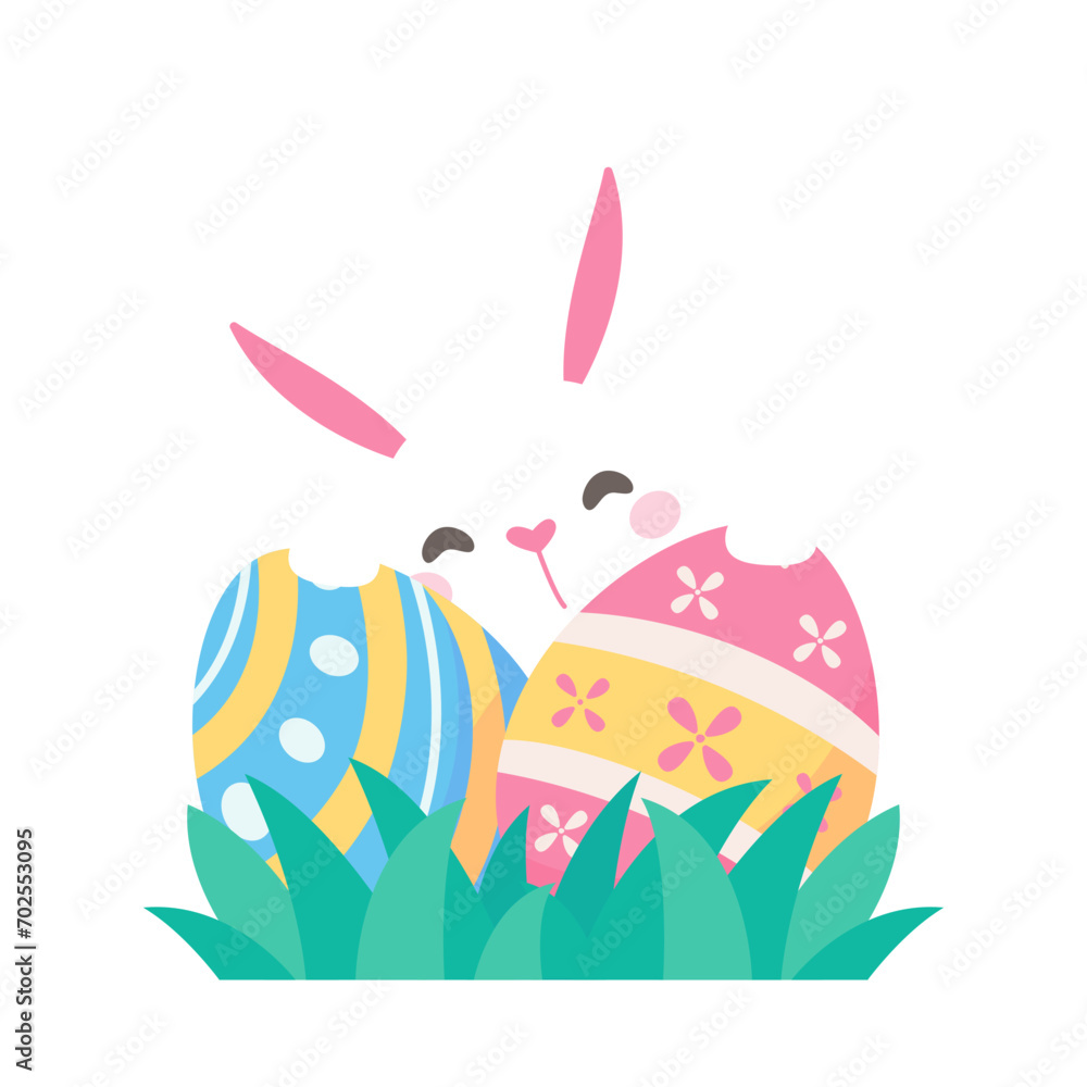 A cartoon bunny hiding behind colorfully decorated Easter eggs during the Easter Egg Festival.