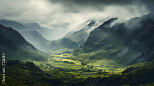 A mountain range covered in clouds and a foggy sky. The mountains are covered in green grass and the sky is cloudy © MAJGraphics