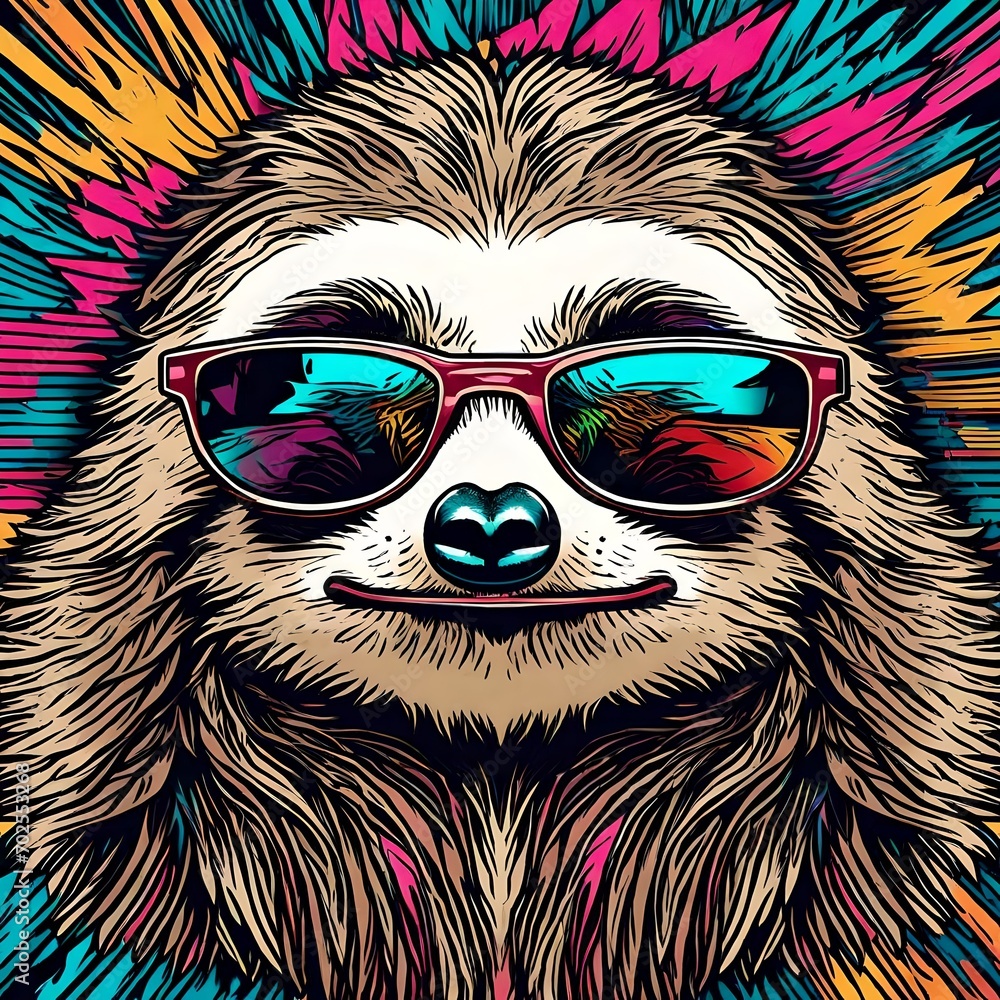 A crazy-looking sloth character animal with reflective sunglasses, very detailed vector style illustration with vintage 1980s colors