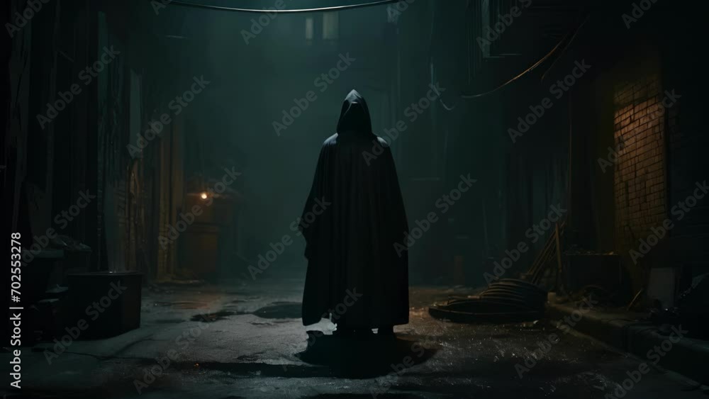 A cloaked figure in a deserted alley with an unearthly glow emanating from beneath the hood. A cloaked figure in a deserted alley with an unearthly glow emanating from beneath the hood.