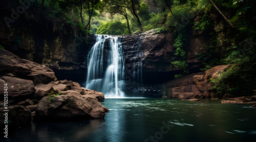 A waterfall is flowing into a lake surrounded by trees. The water is calm and clear, and the trees are lush and green. Peaceful and serene, and it evokes a sense of tranquility