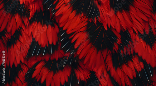 Scarlet moth feather texture: close up of red and black feathers. The feathers are arranged in a zigzag pattern